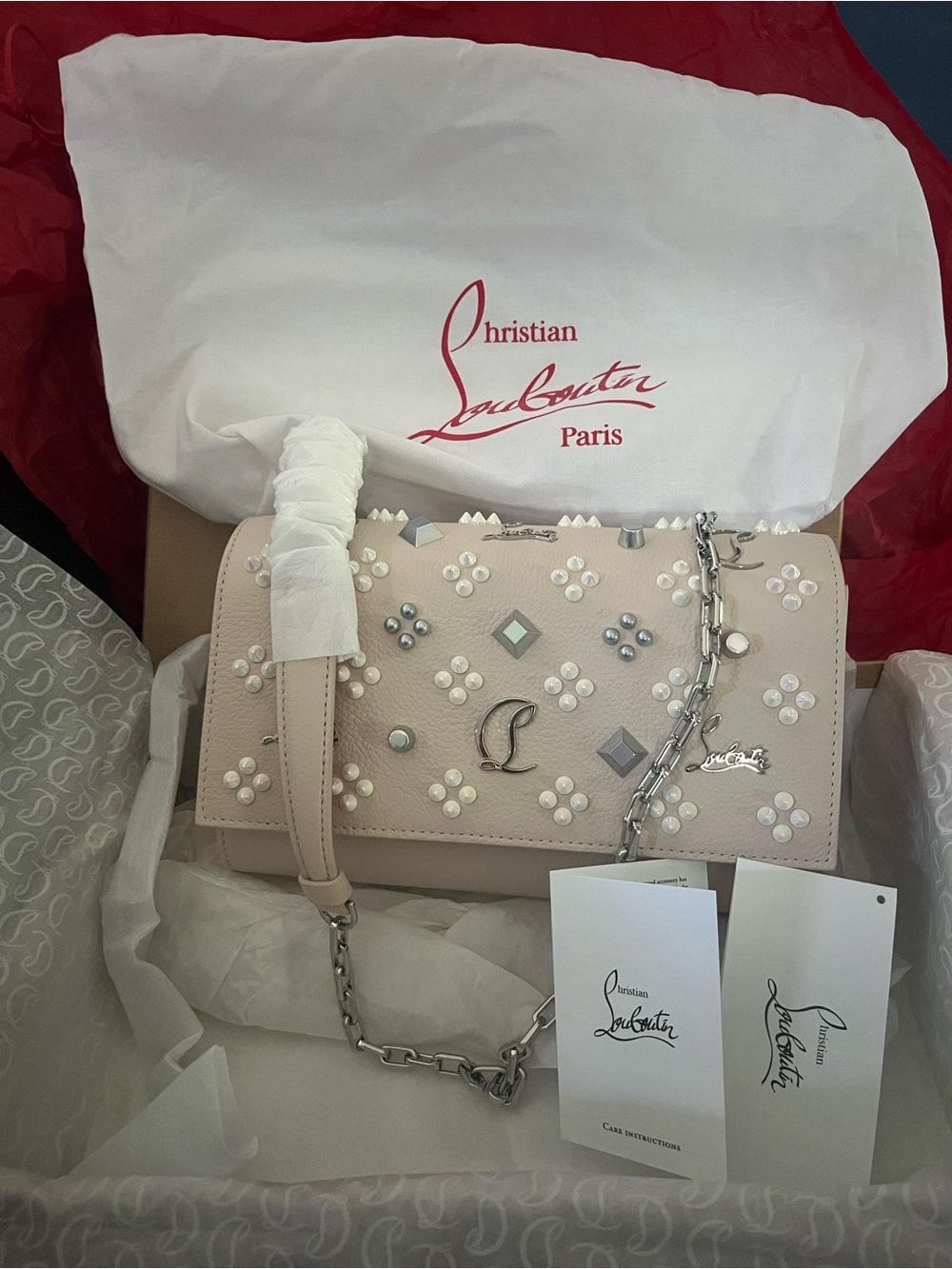 Christian Louboutin Pale Pink Embellished Leather Shoulder Bag